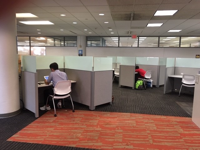 Students sit at new study carrels in the Hagerty Library